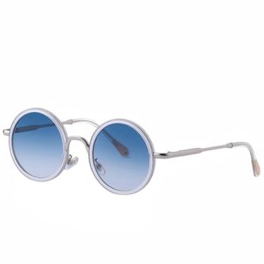 Imagem de JRLLFD Óculos de sol femininos com armação redonda de metal, armação pequena de luxo, para dirigir ao ar livre, UV400 (prata, gradiente, azul)