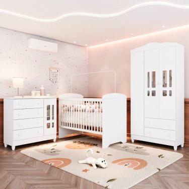 Imagem de Quarto de Bebê Berço Eloá e Cômoda 1 Porta e Guarda-roupa 3 Portas Ariel Branco