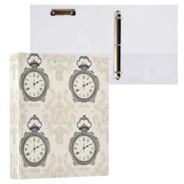 Imagem de Qilmy Organizador de fichário redondo de relógio vintage, fichário de 3 anéis com prancheta (carta A4), fichário fofo para material de escritório escolar 299