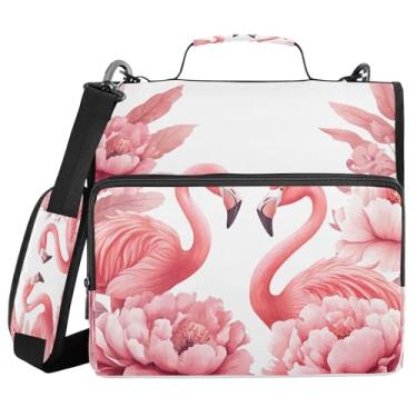 Imagem de Burbuja Pasta de fichário Flamingos Peônias com zíper com 3 anéis com lixa expansível e alça de ombro para laptop de 13 polegadas, vários bolsos para trabalho de escritório