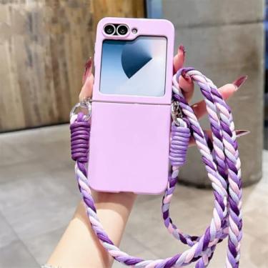 Imagem de Capa de celular colorida com cordão longo para Samsung Z Flip 7 6 5 4 3, alça transversal, proteção para câmera, capa rígida de policarbonato (para Galaxy Z Flip 4/Roxo)