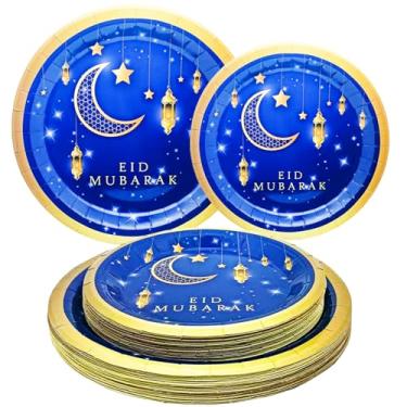 Imagem de Conjunto de pratos de 50 peças Ramadã Eid Mubarak para festa Bluk Ramadan Eid Mubarak 22 cm pratos de jantar do Ramadã 18 cm azul e dourado pratos Eid Mubarak para decoração de aniversário do Ramadã