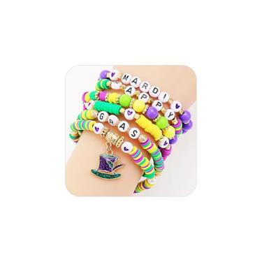 Imagem de Hremhoo Pulseira feminina elástica com contas de carnaval, várias camadas, máscara, chapéu, palhaço, letra, empilhável, conjunto de pulseiras para carnaval, acessórios de carnaval, lembrancinhas de