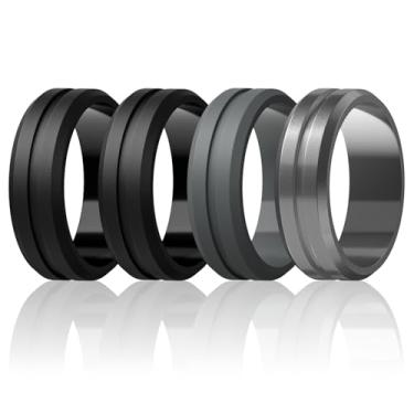 Imagem de Egnaro Anéis de casamento masculinos de silicone - 8,2 mm x 2,6 mm, alianças de noivado de borracha gravadas no meio, pacote múltiplo de 1/4/6 para treino, 9.5-10, Silicone, Sem pedra preciosa