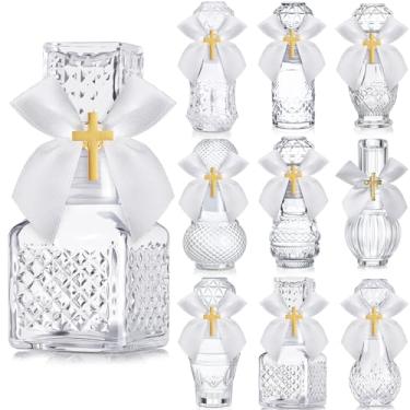 Imagem de Chuangdi Conjunto de 10 garrafas de água católica sagrada de 50 ml, garrafa de vidro católica vazia com laço de fita de lapela cruzada para igreja, casamento, batismo, festa, presente de comunhão