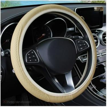 Imagem de Knonip Capa de volante de couro em relevo 3D, aderência confortável macia e luxuosa para carros, capa de volante universal de 35 a 38 cm, atualização interior elegante para Sedan, SUV, caminhão (bege)