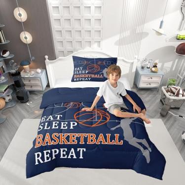 Imagem de Castle Fairy Conjunto de edredom solteiro de basquete, quadra de basquete, coleção de cama macia, jogos esportivos de bola, azul marinho, para quarto de meninos e meninas, 2 peças