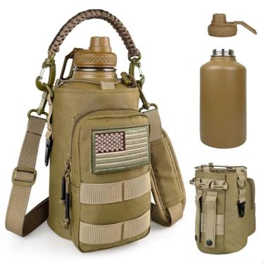 Imagem de DEFUNX Garrafa de água de 1,8 litro isolada com manga - Jarro de água tático de aço inoxidável de 1,8 l com bolsa de garrafa de água MOLLE, garrafas de água de academia para homens, caminhadas, treino