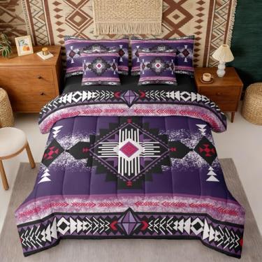 Imagem de Castle Fairy Jogo de lençol King com edredom asteca reversível, boêmio do sudoeste, étnico, tribal, geométrico, roxo, preto, vintage, geométrico, roxo, preto, lençol com elástico e lençol de cima