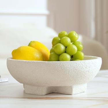 Imagem de FESTGLOX Tigela decorativa bege de resina, tigela de frutas com pedestal grande elegante, suporte para chave para mesa de entrada, mesa de café, balcão de cozinha, centro de mesa moderna, organizador