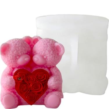 Imagem de Moldes de vela de silicone de urso rosa 3D, moldes de vela de urso de pelúcia para casal, moldes de silicone, moldes de silicone de cera de resina epóxi para artesanato faça você mesmo, sabonete