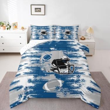 Imagem de Feelyou Jogo de cama de futebol americano macio para meninos e meninas, Detroit, tamanho casal, futebol, cidade, edredom de microfibra, rúgbi, esportes, decoração de quarto, azul, cinza, 3 peças com 2