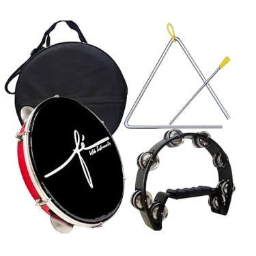 Imagem de Kit Pandeiro Fé Pele Preta + Capa + Triângulo + Meia Lua (Vermelho)