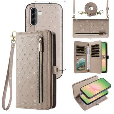 Imagem de Capa de celular para Samsung Galaxy A56 5G carteira com zíper destacável capa magnética com protetor de tela alça transversal alça brilhante glitter flip porta-cartão de crédito slots A 56 56A LTE