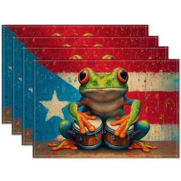 Imagem de HOMETITUTE Jogo americano conjunto de 4 tapetes de mesa de arte de sapo baterista de 30 x 45 cm para jantar, roupa de cama, decoração de cozinha de fazenda, tapete de mesa para uso ao ar livre, casa