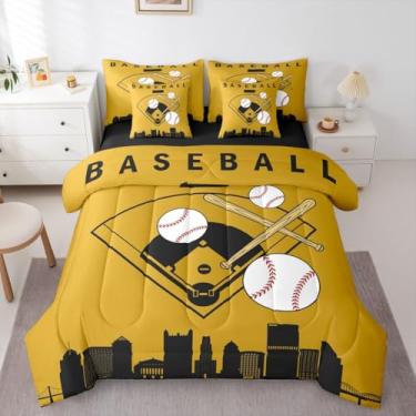 Imagem de Erosebridal Jogo de lençol com edredom esportivo de beisebol, tamanho casal, silhueta urbana, softball, amarelo, para crianças, adolescentes, Pittsburgh