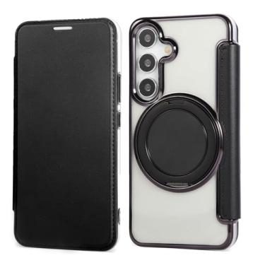 Imagem de Capa carteira para Samsung Galaxy S24 Plus com 3 compartimentos para cartão, bloqueio RFID, suporte de anel giratório de 360° e compatibilidade magnética, capa traseira transparente à prova de choque