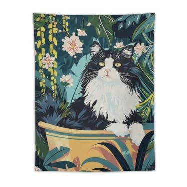Imagem de Tapeçaria de parede floral preto e branco gato na banheira selva decoração de animal fofo arte boho para banheiro quarto aconchegante enfeite de pendurar cena encantadora tapeçaria 76 x 101 cm