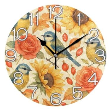 Imagem de GAIGEO Aquarela pássaros girassóis bege decorativo analógico relógio de parede quarto cozinha relógio redondo sem tique-taque silencioso, decoração de parede de meados do século sala de estar, 25 cm