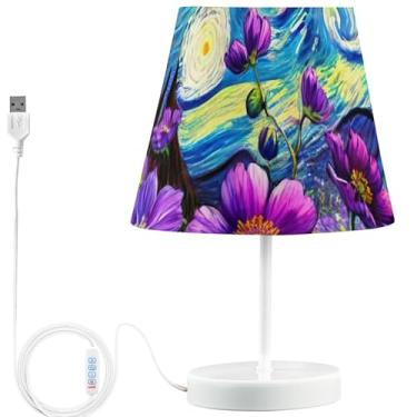 Imagem de TSENQUE Candeeiro de mesa lateral USB com estampa engraçada personalizada, luz de cabeceira com flores violetas, luz de cabeceira para mesa de cabeceira, lâmpada LED que muda de cor para quarto