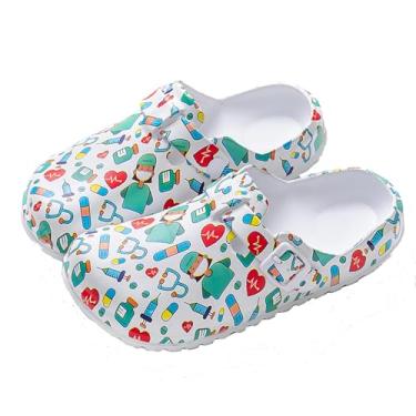 Imagem de FRTUBOP Tamancos de enfermeira com suporte de arco para mulheres: Sapatos de trabalho antiderrapantes à prova d'água para jardim - Mules com fivela ajustável - Chinelos antiderrapantes, Médico branco
