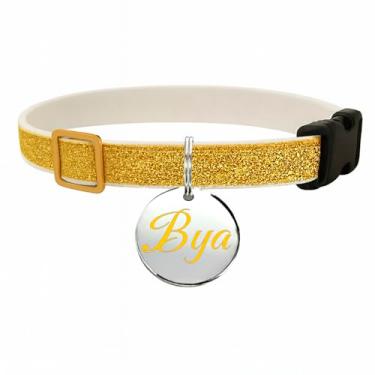 Imagem de Coleira Elástica para Gatos e Cães Pequenos Brilho Dourado com Plaqueta de Identificação Aço Inox e Personalizável (BRANCO)