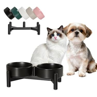 Imagem de Conjunto de tigelas elevadas de cerâmica para cães - Pratos duplos elevados com suporte de aço inoxidável - Tigelas de comida e água para cães pequenos e gatos internos - cada uma comporta 1,6 xícaras