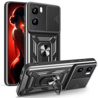 Imagem de CCSmall Capa para Motorola Moto G06 4G com lente de câmera deslizante para homens e meninos, capa durável à prova de choque de grau militar com suporte giratório para Moto G06 SJ preta