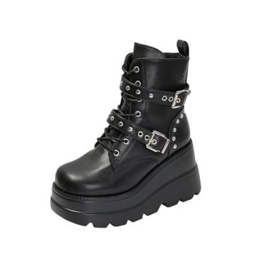 Imagem de Botas femininas modernas, casuais, estilo britânico, cor sólida, bico redondo, cadarço, zíper lateral, sola grossa, plataforma, Preto, 39