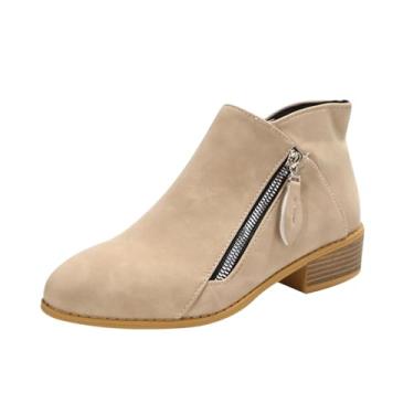 Imagem de Botas femininas casuais com zíper lateral salto grosso bico fino cano médio PU versátil estilo doce EU 36-43, Caqui, 38