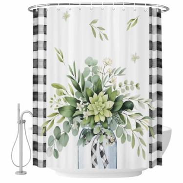 Imagem de Conjunto de cortinas de chuveiro com folhas de eucalipto, folhas verdes, floral, xadrez, preto, tecido impermeável, cortina de banho para banheiro, decoração de banheira, acessórios de casa 182 x 182