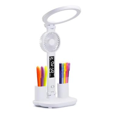 Imagem de Ventilador de Mesa Touch com Luminária de 40 LEDs, Relógio Digital, 3 Níveis de Luz, 7W de Ventilação, Porta-Lápis e Funcionamento Silencioso – Multifuncional para Estudo e Escritório