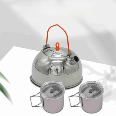 Imagem de CUOFYUNL Chaleira de chá de acampamento Chaleira de acampamento de aço inoxidável com copos de 2 * 300 ml de alumínio anodizado para acampamento ao ar livre, panelas, caminhadas