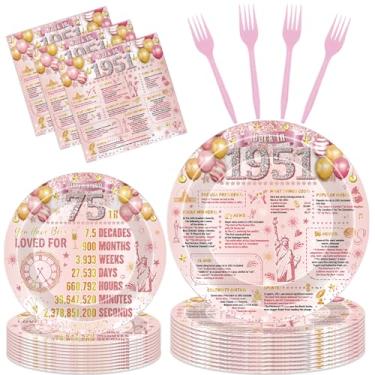 Imagem de Hokinaa Decorações de festa de aniversário de 75 anos - 96 peças de ouro rosa rosa feliz 75 anos 1951 conjunto de pratos e guardanapos de papel descartáveis vintage artigos de torcida decoração para