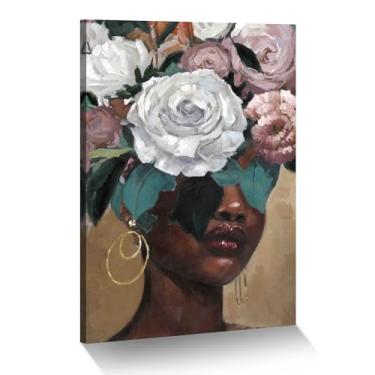 Imagem de ArtSquare Mulher afro-americana com cocar floral arte de parede senhora preta com estampa de flores para quarto sala de estar banheiro - 40,6 cm C x 28 cm L