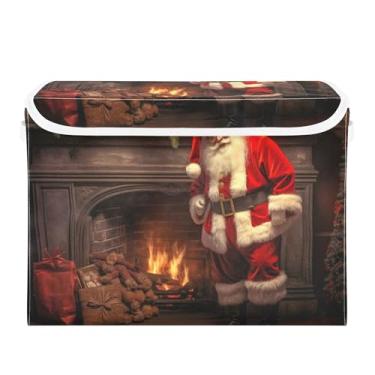 Imagem de SEHANY Linda caixa de armazenamento de Papai Noel de Natal com tampas e alças, organizador de cestas de armazenamento de tecido dobrável, caixas de armazenamento de cubos grandes para roupas, cobertor