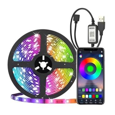 Imagem de Fita LED RGB 5 Metros com Controle Bluetooth, Conexão USB 5V, Luz Colorida, SMD 5050, 12W, IP20, para Uso Interno