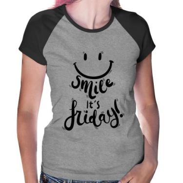Imagem de Baby Look Raglan Smile, It's Friday! - Foca na Moda, Cinza, Preto, GGG