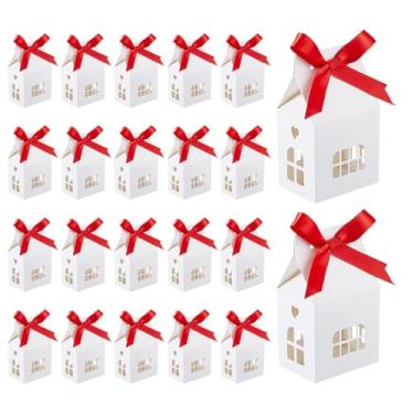 Imagem de PH PandaHall 36 conjuntos de caixas de presente em forma de casa 6,9 x 4,8 x 12,4 cm caixas de papelão brancas caixas de presente de papel com janela visível e fita de poliéster vermelha para presente