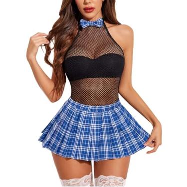 Imagem de Avidlove Conjunto de lingerie feminina de escola, conjunto de lingerie sexy para estudantes, body e minissaia, Azul, 3G