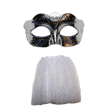 Imagem de Kit Fantasia de Carnaval Máscara Prata Com Saia Tule Branca
