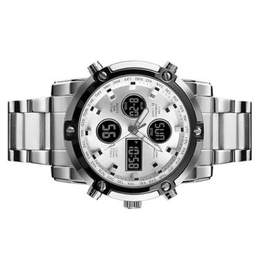 Imagem de ZJchao 1389 Relógio Masculino De Quartzo Único Moda Esporte Casual Marca Relógio De Quartzo Movimento Duplo Pulseira De Aço Inoxidável De Pulso Masculino Para Festas Ao Ar Livre (Prata)