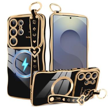 Imagem de Bonoma Capa magnética para Samsung Galaxy S25 Ultra para mulheres e meninas, moldura ondulada com alça fofo coração amor luxuoso chapeamento forma encaracolado capa de proteção de câmera levantada à