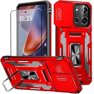 Imagem de Aozuoton Capa para Moto G 2025 com protetor de tela e com capa para câmera, suporte rotativo de grau militar de 360° (resistente), proteção à prova de choque, capa para Moto G 2025 vermelha