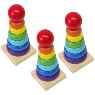 Imagem de 3 Brinquedo Educativo Torre Do Arco-íris 7 Peças Em Madeira - Wood Toy