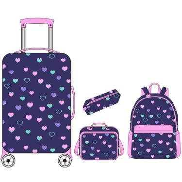 Imagem de Inprof Mala infantil com rodas giratórias, 5 peças, mala de mão para meninas, mochila com lancheira, estojo de lápis, conjunto de malas infantis de 41 cm, Amor azul, 16 inch