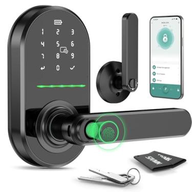 Imagem de HEI LIANG Maçaneta inteligente com impressão digital biométrica, fechadura de porta de entrada sem chave para porta da frente, fechadura eletrônica 5 em 1 com controle de aplicativo, trava automática