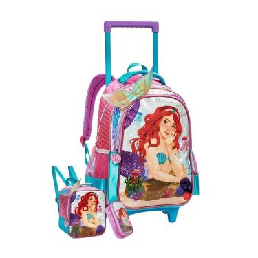 Imagem de Kit Escolar Mochila Rodas Lancheira Térmica Estojo Sereia 3D