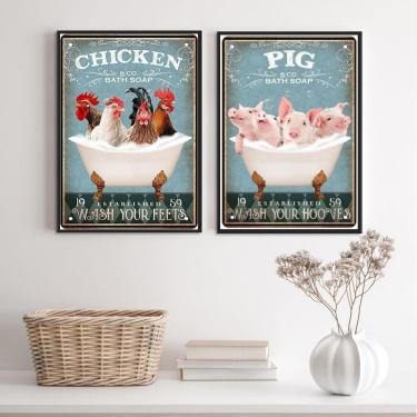 Imagem de Kit 2 Quadros Banheiro Animais Fazenda 33X24Cm