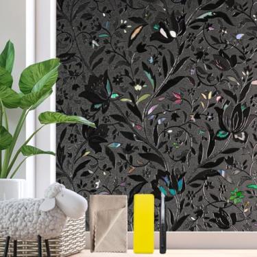 Imagem de Bloss Película para janela, película de privacidade de janela fosca, cobertura de vidro de vinil, película decorativa de vitral, adesivos estáticos para janelas, não adesivo (preto/tulipa, 45 cm x 199